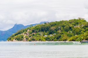 View of mountains, rainforests and the ocean in Mahe island, Seychelles
