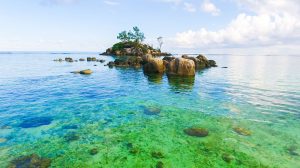 Drone view of Anse Royale beach on Mahe island, Seychelles