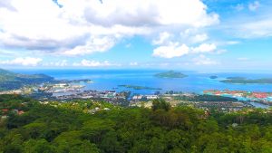 Drone view of Victoria city, Mahe island's capital, Seychelles