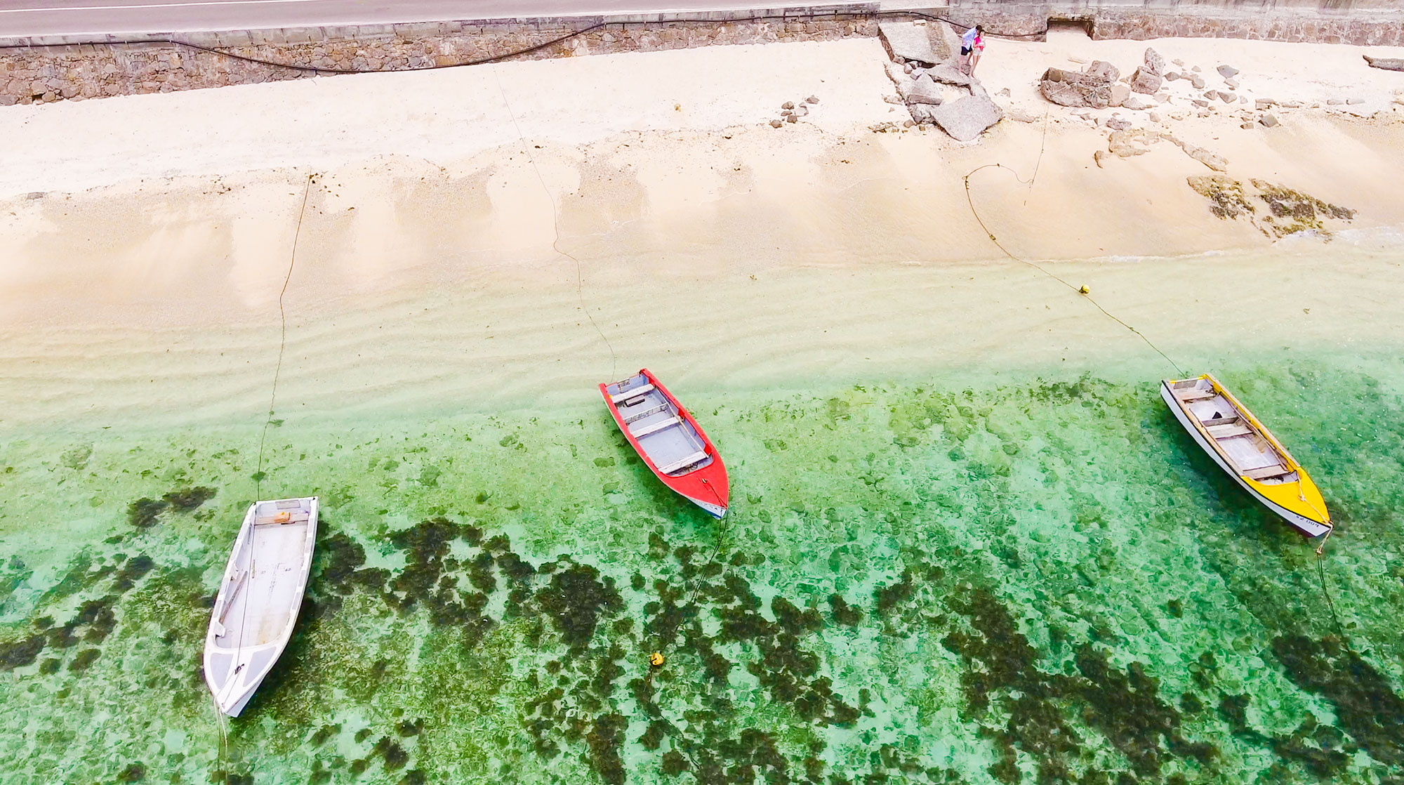 Drone view of wooden boats at Port Glaud, north Mahe, Seychelles