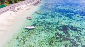 Drone view of wooden boats at Port Glaud, north Mahe, Seychelles
