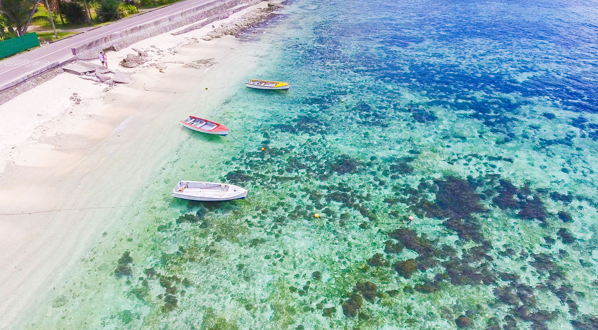 Drone view of wooden boats at Port Glaud, north Mahe, Seychelles