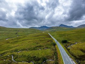Drone view of Snowdonia national Park with mount Snowdon in the background