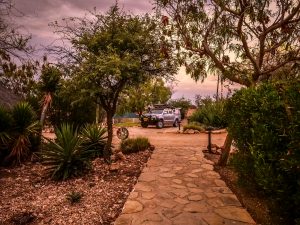 Toyota Hilux 4x4 with roof-top tent on campsite near Windhoek in Namibia