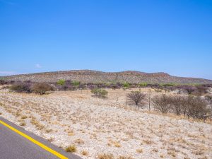 Driving through desert and savannah in Damaraland in Namibia, Africa