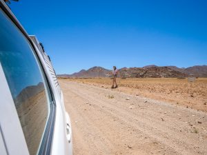 Ella with drone in Namib Desert in Namibia, Africa