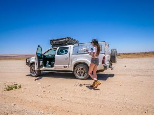 Ella with drone in Namib Desert in Namibia, Africa