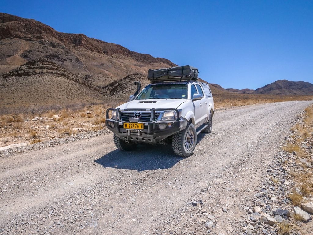 Toyota Hilux 4x4 self-drive with rooftop tent in Namib-Naukluft Mountain Zebra Park, Namibia, Africa