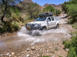 Toyota Hilux 4x4 self-drive with rooftop tent in Namib-Naukluft Mountain Zebra Park, Namibia, Africa