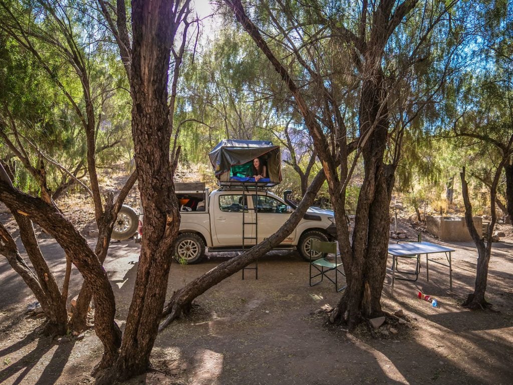 Ella with Toyota Hilux 4x4 self-drive with rooftop tent in Namib-Naukluft Mountain Zebra Park campsite, Namibia, Africa