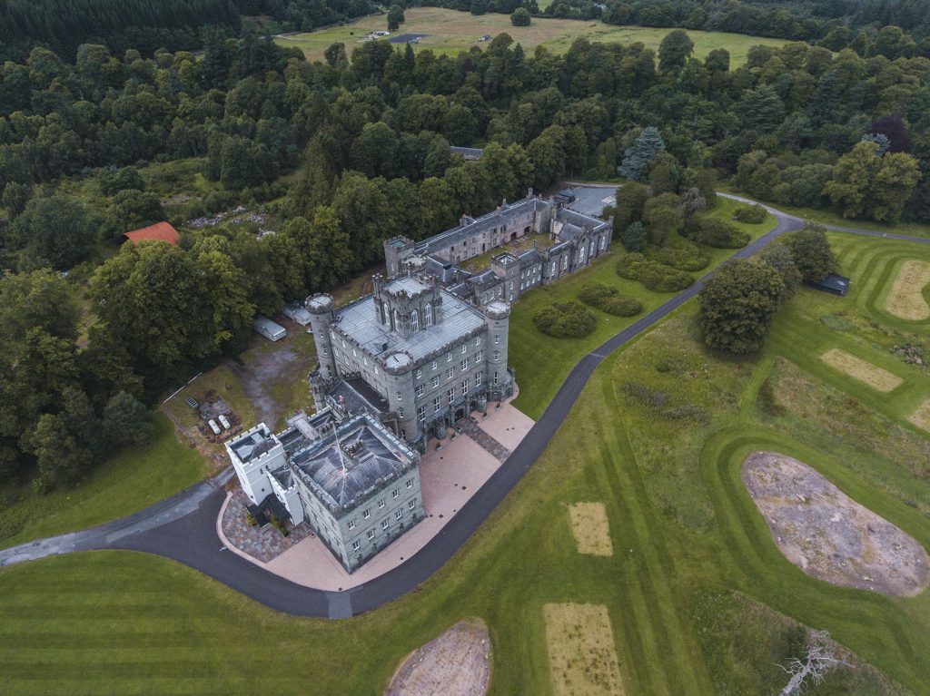 Drone View of Taymouth Castle in Kenmore, Scotland