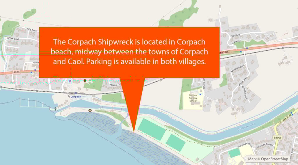 The Corpach Shipwreck is located in Corpach beach, midway between the towns of Corpach and Caol. Parking is available in both villages.