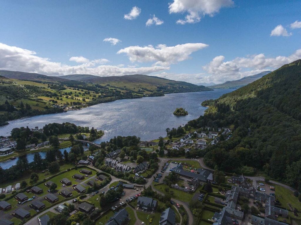 Drone View of Kenmore Village and Loch Tay, Scotland