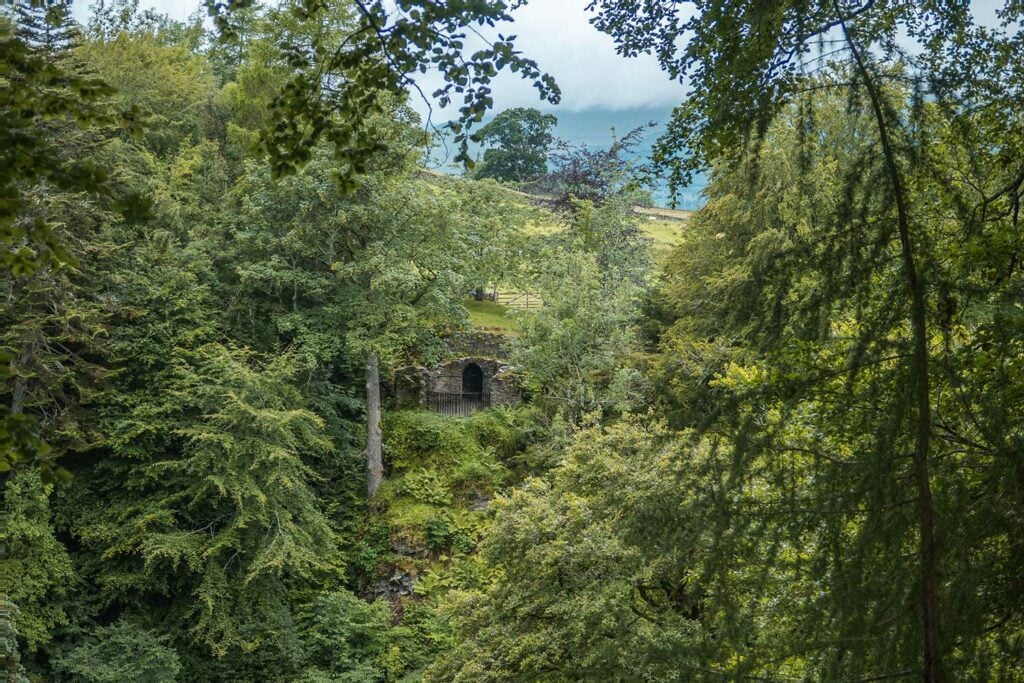 View of Hermit's Cave at Falls of Acharn, Loch Tay, Scotland
