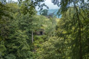 View of Hermit's Cave at Falls of Acharn, Loch Tay, Scotland