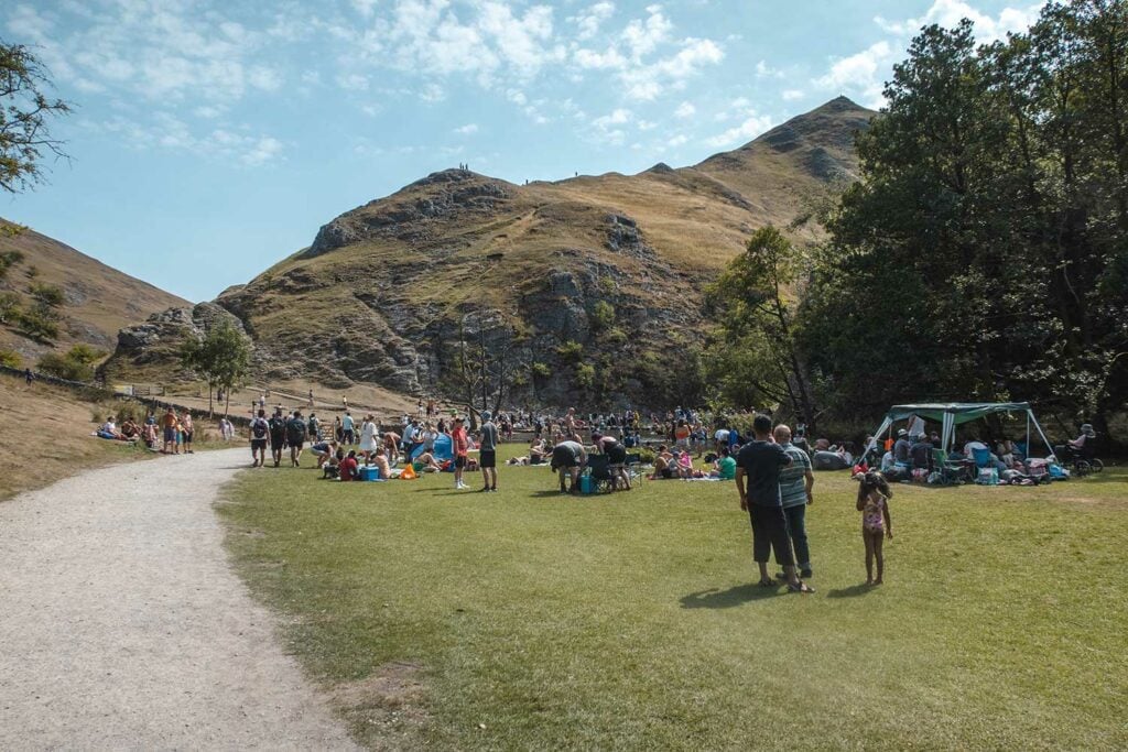 Dovedale Stepping Stones is busy with visitors at midday on a Sunday