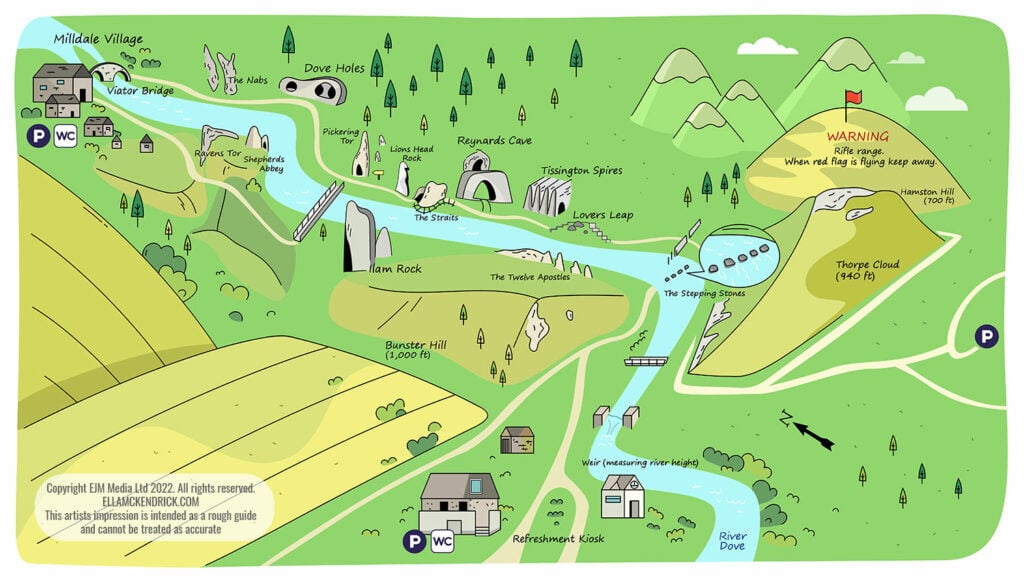 Dovedale Stepping Stones map with walks, features and carpark