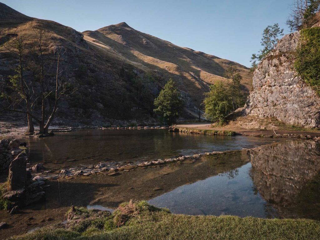 Dovedale Stepping Stones Peak District with Thorpe Cloud in the background
