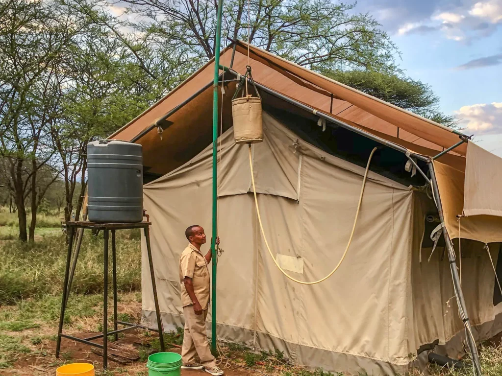 Bucket shower for a tented safari camp