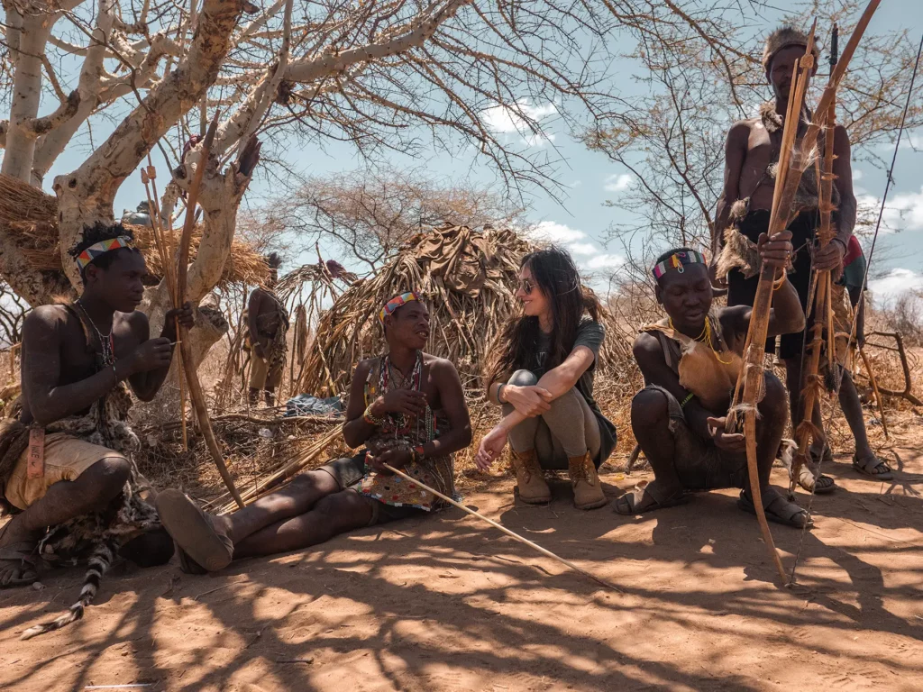 Ella Mckendrick with Hadzabe Tribe Leader in Tanzania