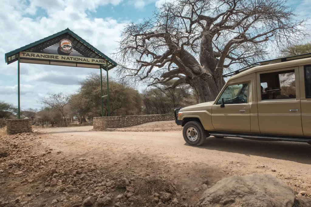 Safari truck entering Tarangire National Park, Tanzania