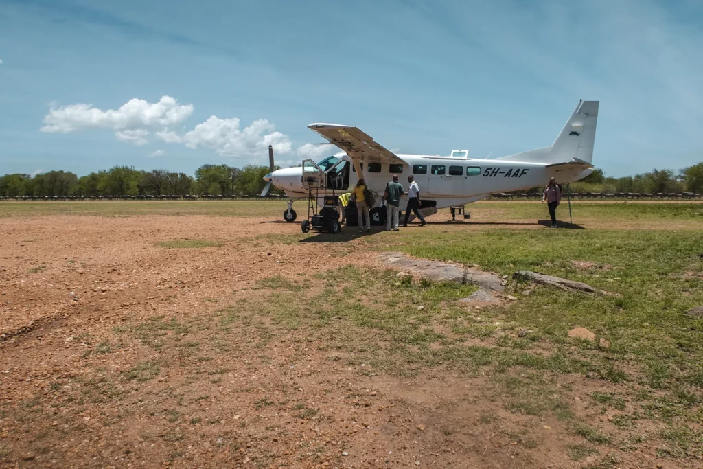 Propeller plane taking on passengers in the Serengeti