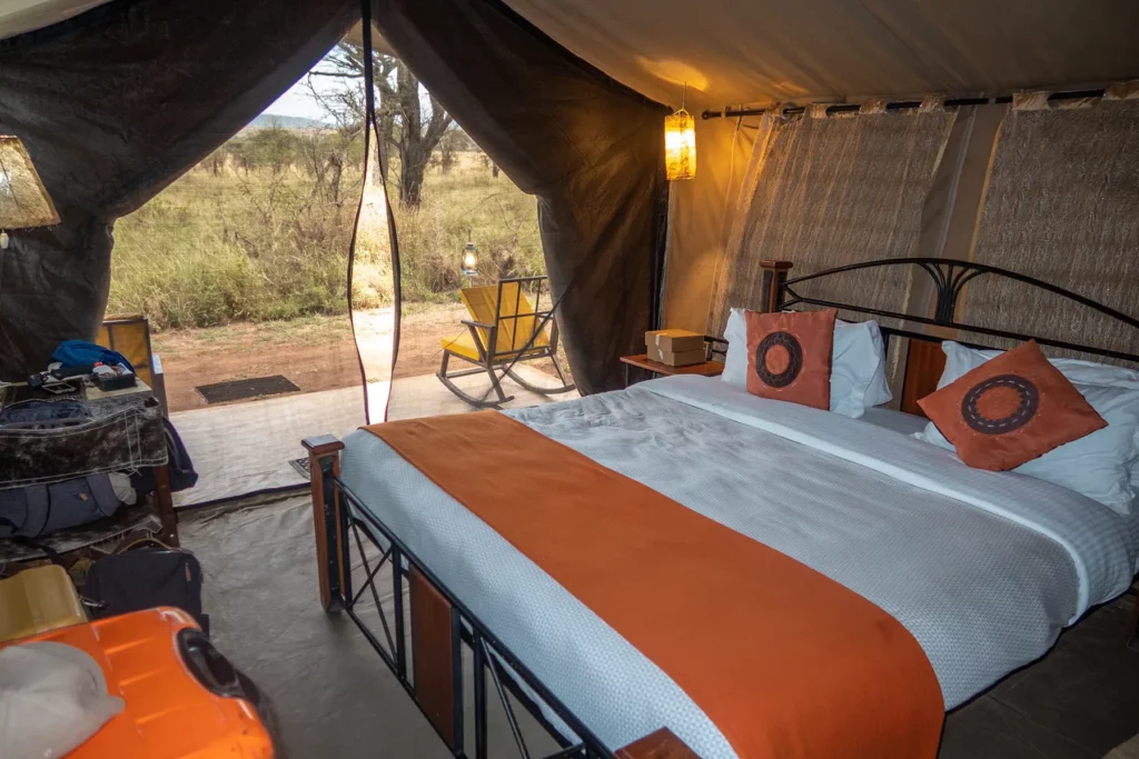 Double bed inside Serengeti Mid-range tended camp accommodation
