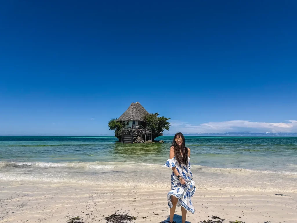 Ella Mckendrick in front of the famous Rock Restaurant in Zanzibar