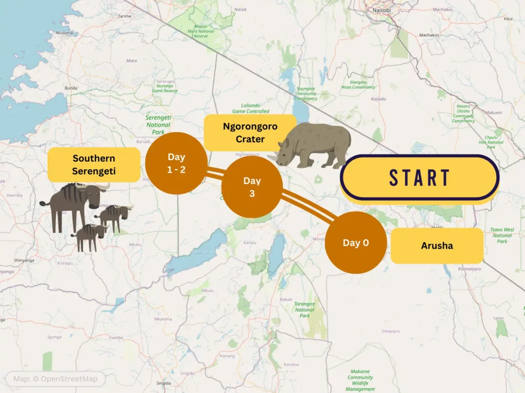 3 Day January Tanzania Safari Itinerary Map