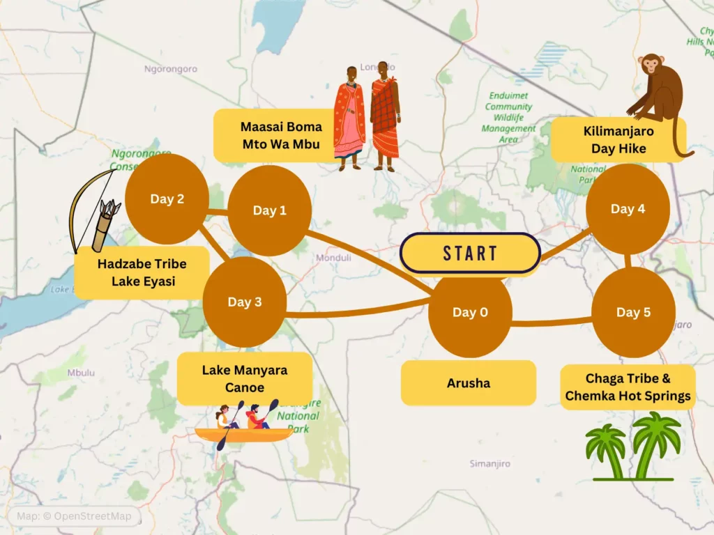 Tanzania 5 Day Cultural Tour Including Hadzabe Bushmen Itinerary Map