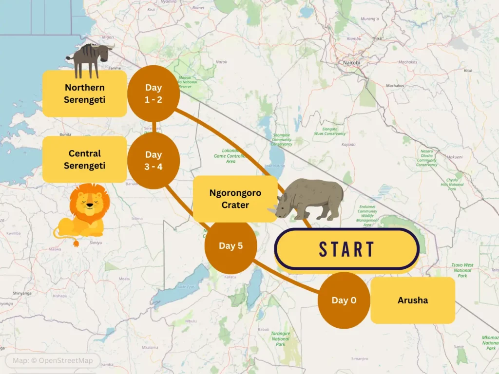 Tanzania Great Migration Wildebeest River Crossing Safari Itinerary Map