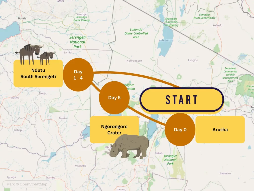 5 Day Great Migration Wildebeest Calving Safari Itinerary Map