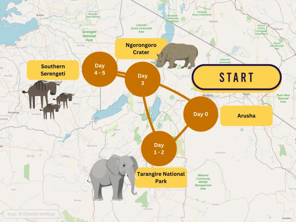 5 Day January Tanzania Safari Itinerary Map