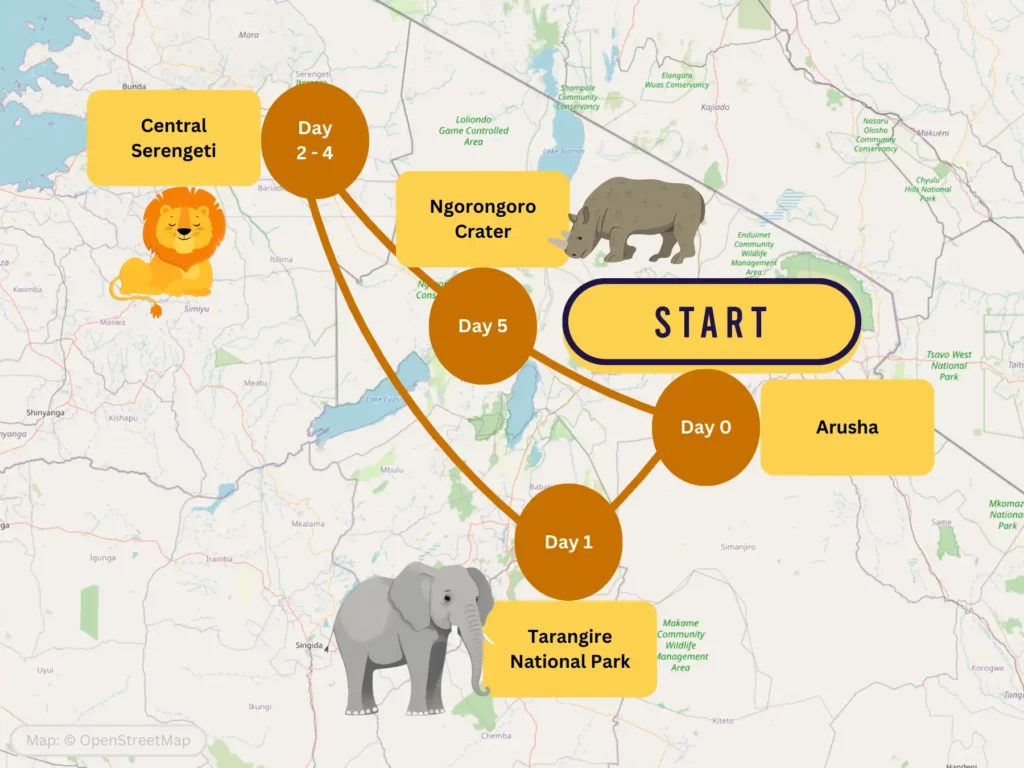 5 Day Tanzania Northern Circuit Highlights itinerary map
