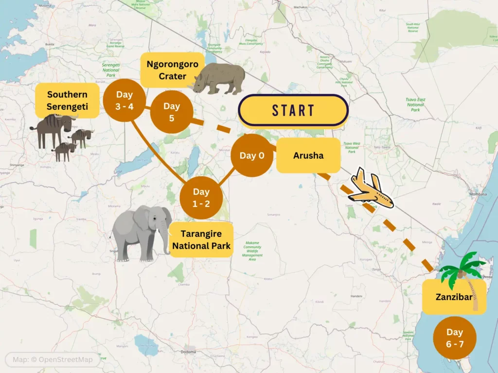 7 Day January Tanzania Safari Itinerary Map