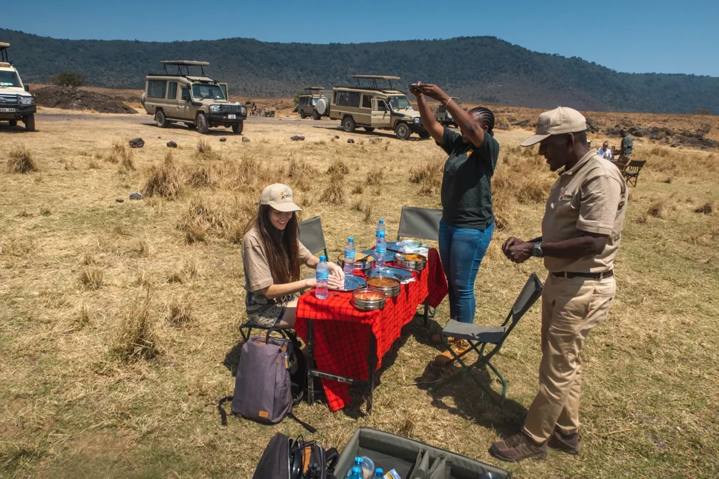 Ella Mckendrick having lunch inside Ngorongoro Crater, Tanzania