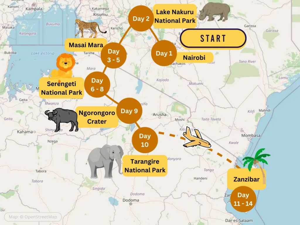 2 Week Kenya and Tanzania Safari Itinerary Map