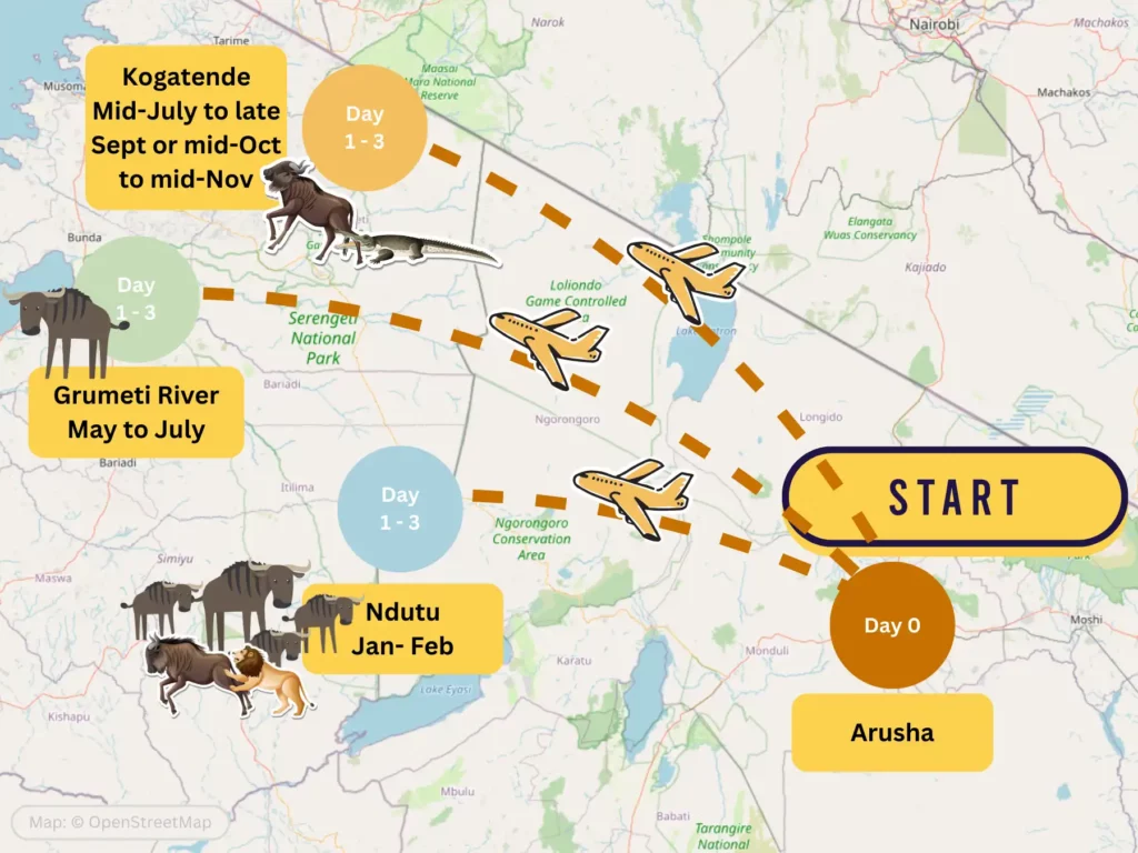 3 Day Tanzania Great Migration itinerary map