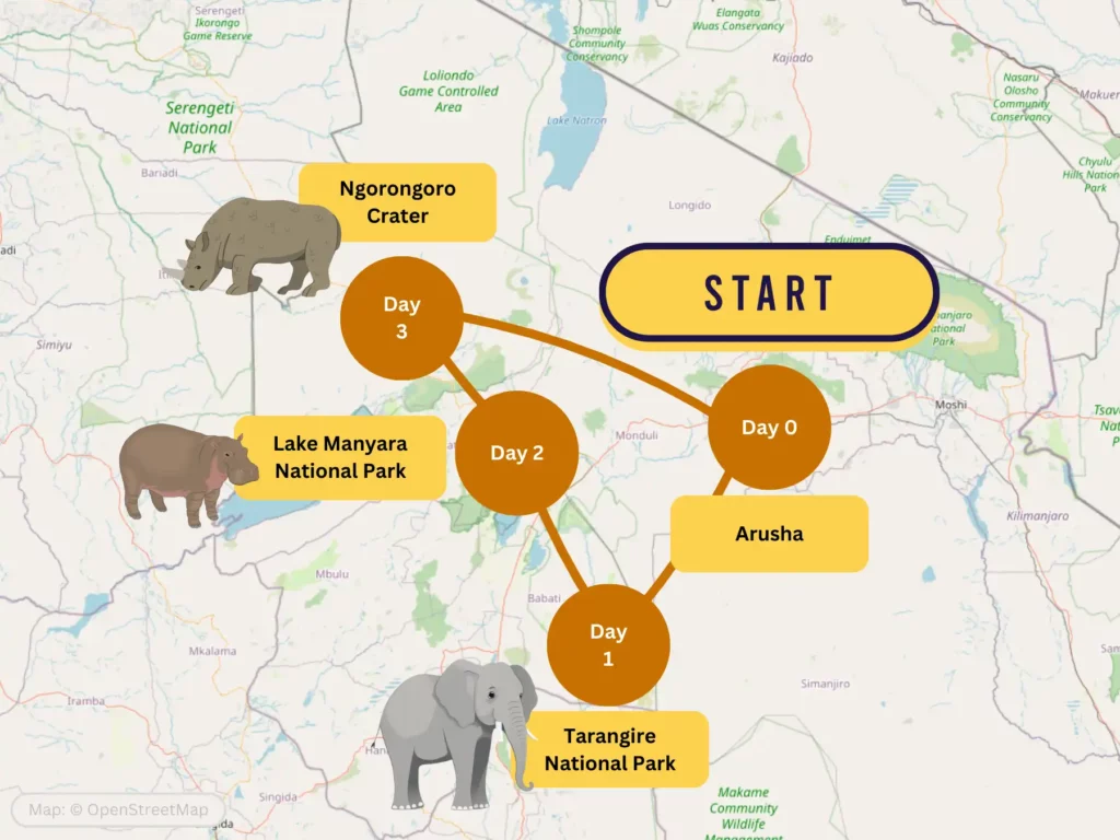 3 Day Tanzania Northern Circuit itinerary map