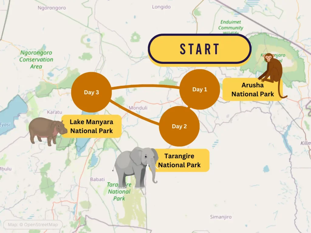3-day budget tanzania safari itinerary map