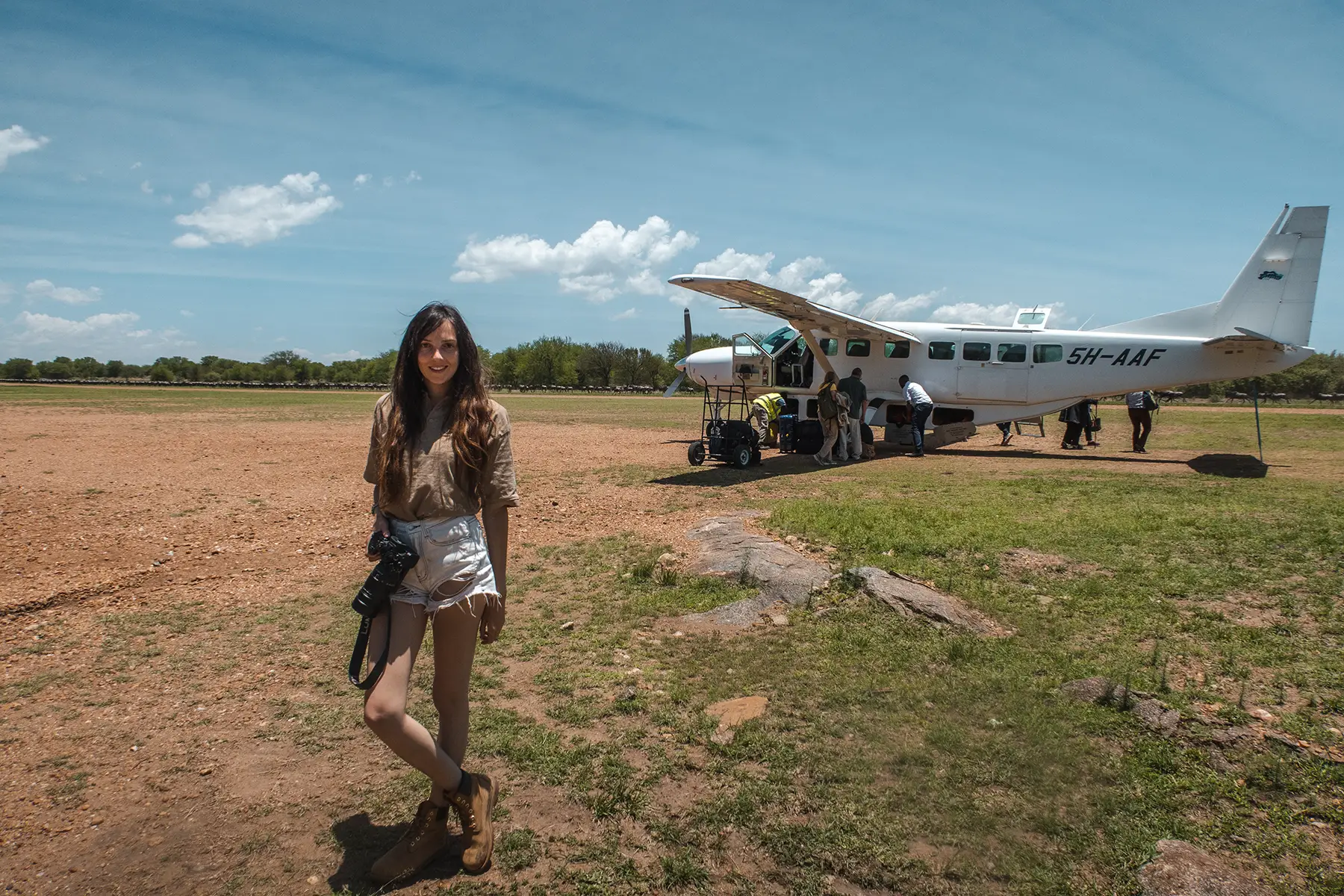 Ella Mckendrick by small plane in Tanzania