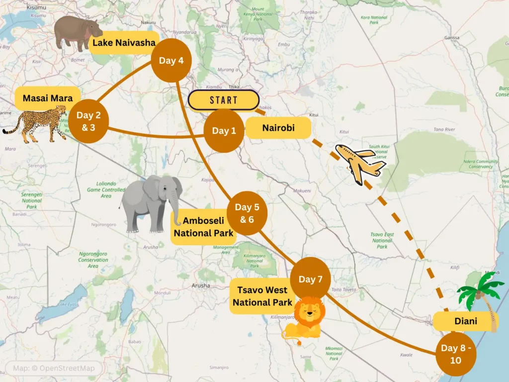 7-10 day Kenya safari itinerary map