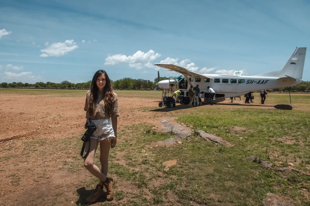 Ella Mckendrick by small plane in Tanzania