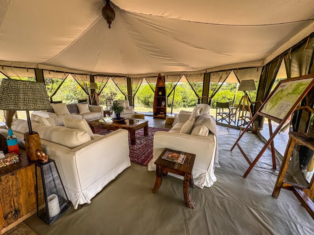 Communal mess tent in luxury+ tented safari camp accommodation