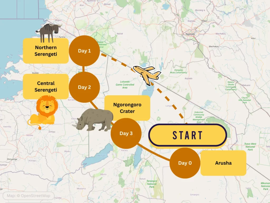 3 Day August Tanzania Safari Itinerary Map