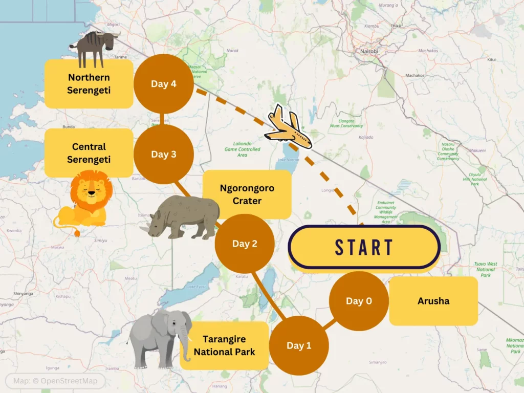 5 Day August Tanzania Safari Itinerary Map