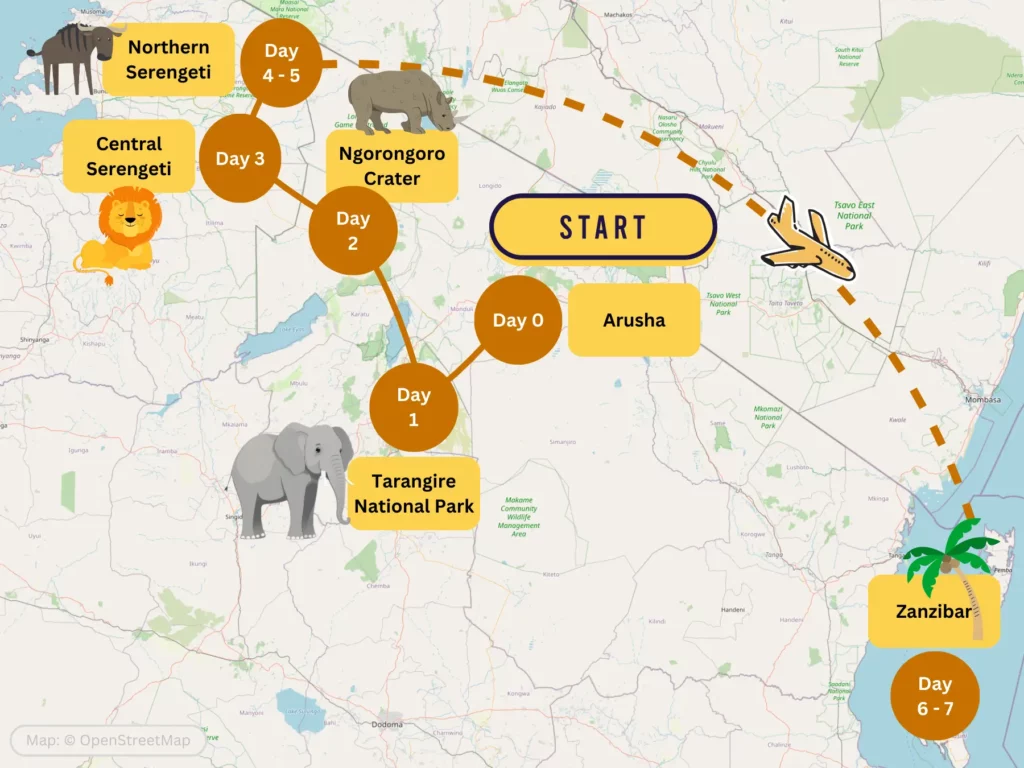 7 Day August Tanzania Safari Itinerary Map