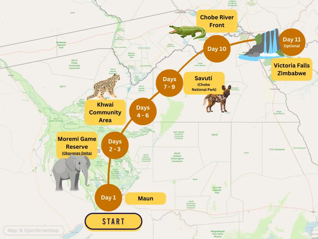 10-day Botswana safari itinerary map