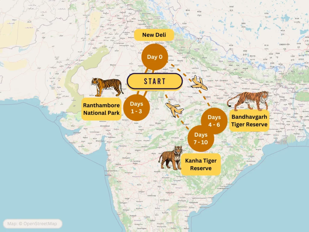 10-day India tiger safari itinerary map