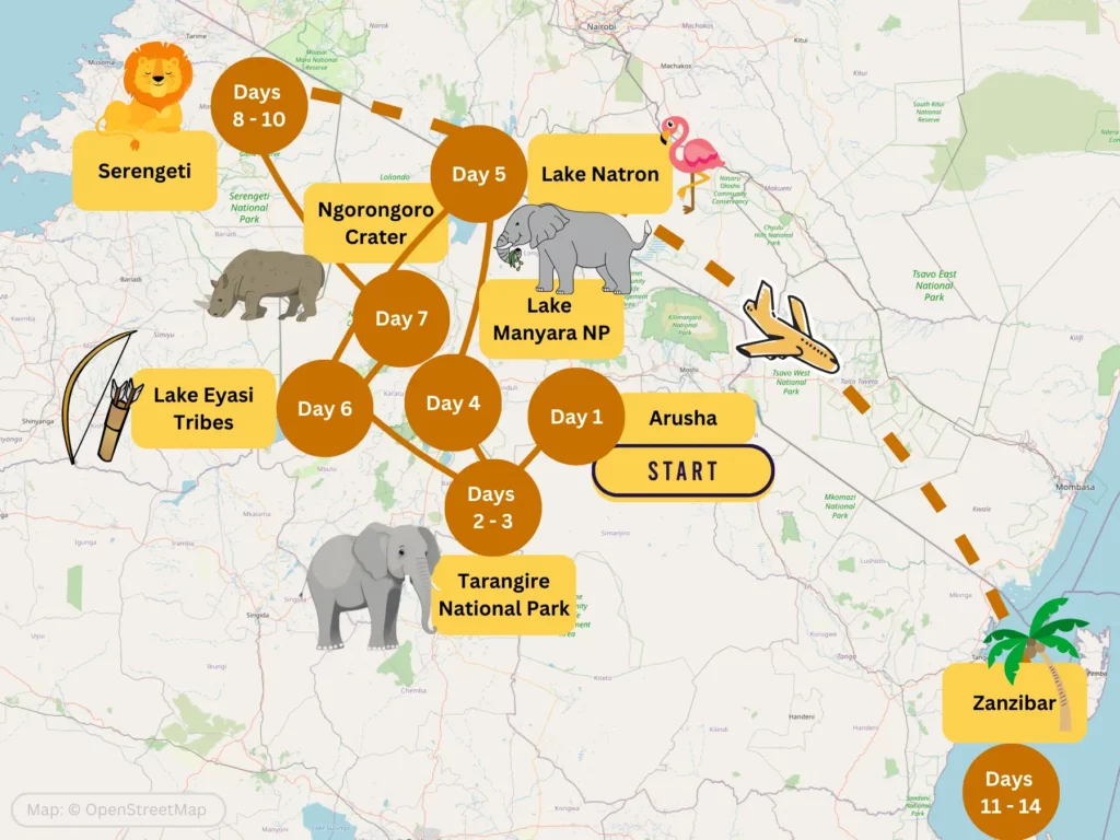 Tanzania 2-Week Safari & Beach Itinerary Map